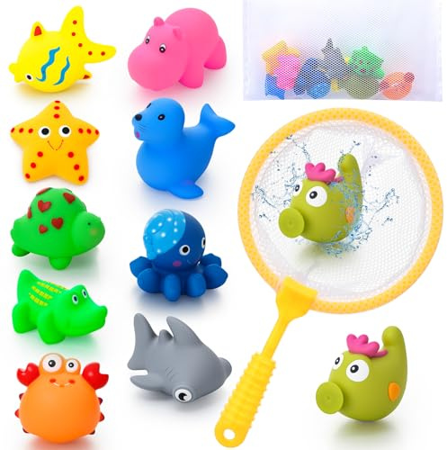 GSrenyu 10 Pcs Bath Toys for Kids, Sea Animal Toys with Storage Mesh Bag Shark Fishing Net Swimming Pool Toys for Boys Girls
