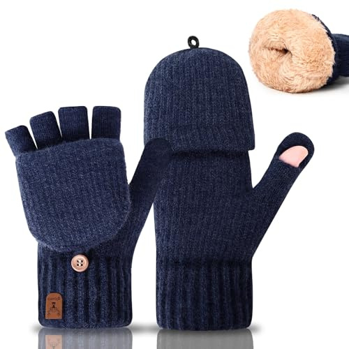 Gucass Guanti senza dita con cappuccio, guanti invernali flip per donna e uomo, caldi guanti a semidito in maglia con lana di alpaca, guanti invernali touch screen per corsa, ciclismo e guida, Blu