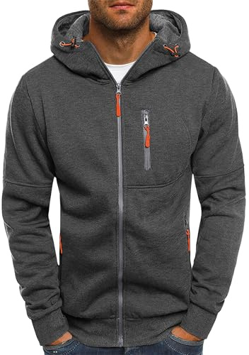 Mens Hoodies Casual Fleece Hooded Sweatshirt Full-Zip Long Sleeve Pullover Hoody Tops Dark Grey L