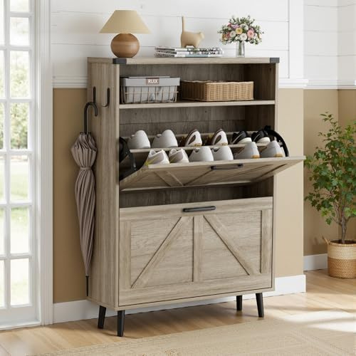 BonVache Meuble à Chaussures étroit, Armoire Gain de Place avec 2 abattants, Meuble basculant 4 Compartiments, Rangement Chaussures avec Espace Ouvert, Commode en Bois, 80x24x113,5 cm, Gris