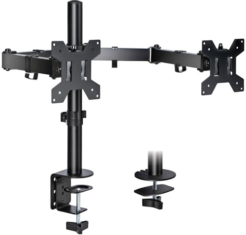 Futura Dual Monitor Arm for 13–27 Inch Screens, 8kg Each | Supports two 13–27 inch screens up to 8kg each, VESA 75x75/100x100, ±90° tilt, ±180° swivel and clamp or grommet mounting.