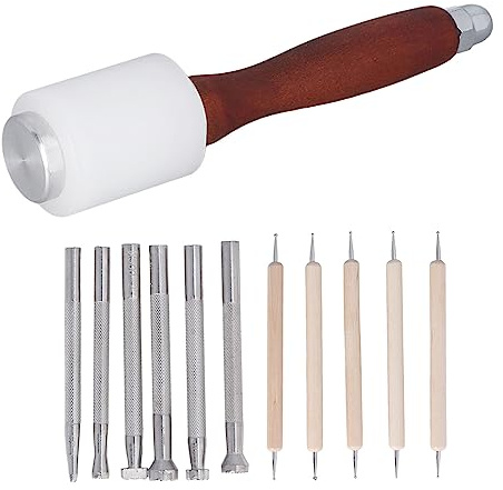 Herramientas de Repujado en Cuero, Set de 12 Piezas para Trabajo Manual con Martillo de Nylon y Madera - Grabado Preciso, Ideal para Marroquinería y