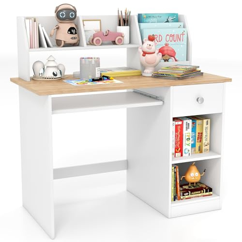 COSTWAY Kids Study Desk, Wooden Children Table with Drawer, Shelves, Hutch, Keyboard Tray, School Students Workstation for Studying, Reading and Drawing (White+Natural)