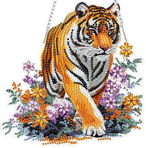 AIRDEA DIY Tiger Diamond Art Ornament Kit for Adults, Double-Sided Lush Greenery Diamond Painting Hanging Kit, DIY Acrylic Special Shaped Drills Hanging Suncatcher 8x8 inch