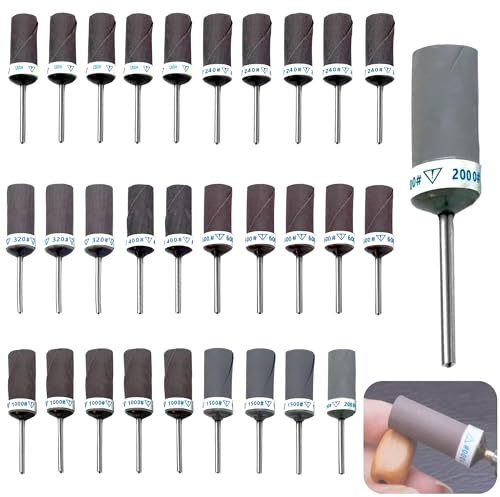 30 Pièces Tambours de Ponçage pour Outil Rotatif Dremel, Manchons de Ponçage avec Tige de 3 mm (1/8), Manchons Abrasifs 180| 240| 320| 400| 600| 1000| 1500| 2000 Grains, pour Ponçage et Polissage