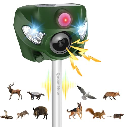 Ultrason Chat Exterieur, 5 Modes Répulsif Ultrason Chat pour Jardins, 26 Pieds Anti Pigeon avec Sirène et Flashs Lumineux, pour Chiens, Cerf, Renard, Oiseau, Lapin, Écureuil