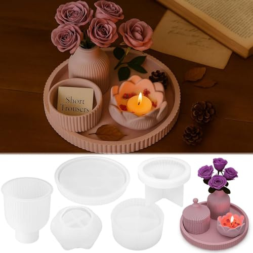 5PCS Silikonformen Gießformen, TREABEAR Silikonform, Silikonformen Blumen, Gießformen Silikon Schale Silikonform Dose mit Deckel, Gipsformen Zum Gießen Sommer
