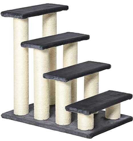 PawHut Tiertreppe Katzentreppe Hundetreppe 4 Stufen Treppe für Katze und Hunde Plüsch Grau 60 x 42 x 61 cm