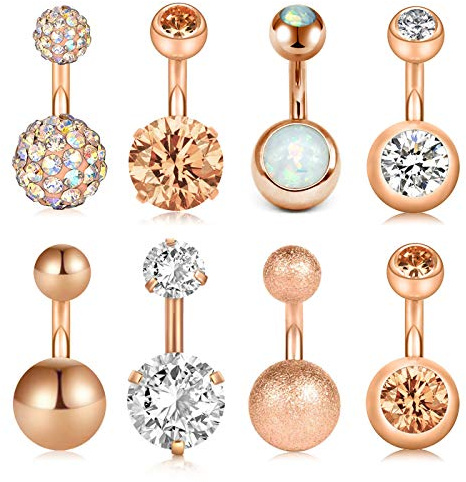 Incaton 6mm Bauchnabelpiercing 14G Nabelpiercing Ring Banane Piercing mit Kristall Kugeln Piercing Schmuck Set aus Chirurgenstahl Rosa Gold 1.6mm 8stk