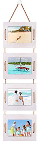 DLQuarts 5x7 Hanging Picture Frames Collage Wall Decor, 4-Opening 5x7 Matted to 3.5x5 Photo Rustic Wood Frame with Hemp Rope, 1 Pack, Vintage White