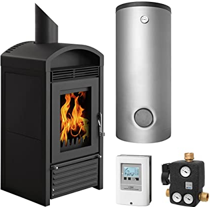 Schmitzker KS3029 Marbella Mini Stahl Schwarz Wasserführender Kaminofen - Komplett-Set mit Pufferspeicher TPSM 300L, inkl. Isolierung