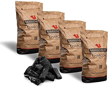 Marienburg Organic Lumpwood Charcoal BBQ - Sustainable, Smokeless, Odorless, Ready in 15 Minutes!, 95% 5-20cm Pieces 30L Bag - Effortless Ignition - Restaurant Grade Charcoal Quality! (4 x 30L)