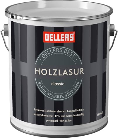 OELLERS Holzlasur classic, 2,5 Liter Eiche-Hell, Premium Holzanstrich, geeignet für alle Holzarten, Imprägnierung + Grundierung + Lasur, Schützt vor Feuchtigkeit und Verwitterung, für Innen und Außen