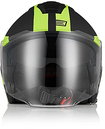 ORIGINE Casco Moto Jet Casco Moto Abierto Scooter para Mujer Hombre Adultos con Doble Visera Homologado ECE (Techy Fluo Yellow Black,L)