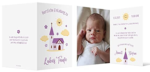 20 x Einladungskarten zur Taufe - Text und Foto einfach individuell selbst gestalten DIN A6 Klappkarte für Mädchen oder Jungen - Lila Kirche