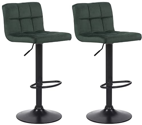 CLP 2er Set Barhocker Feni Samt, höhenverstellbar mit Fußstütze, Lehne & Metallgestell, belastbar bis 150 kg | Farbe grün
