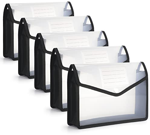 FYY Dokumententasche A4,5 Stück Dokumentenmappe A4 Sammelmappen mit Druckknopf Kunststoff Umschlag Mappe Wasserdicht Sichttasche Dokumenten mit Karte für Reise Büro Dokument Schule,A4 klar + Schwarz