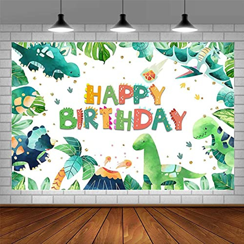 Bymivofun Toile de Fond d'anniversaire de Dinosaures, Bannière de Toile de Fond d'anniversaire de Dessin animé pour Enfants, Toile de Murale en Polyester pour Photographie (5 * 3 Pieds)