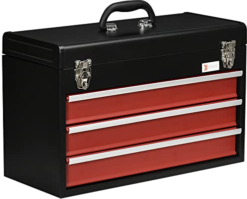 DURHAND 3 Drawer Tool Chest, Lockable Metal Tool Box with Ball Bearing Runners, Portable Toolbox, 510mm x 220mm x 320mm, Black
