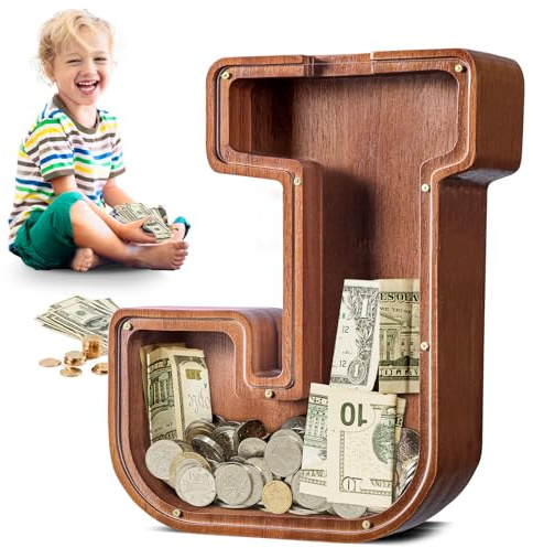 Summidate Large Wooden Piggy Bank for Kids Adults, Letter J Money Bank for Boys Girls, Personalized Initial Alphabet Bank for Coins Bills Change, Birthday and Decor