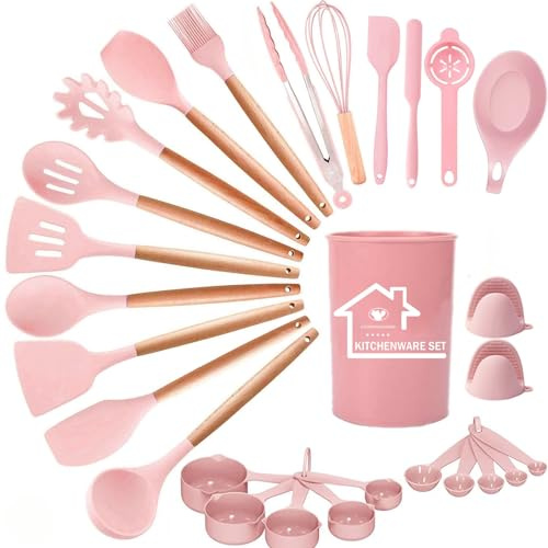 UXIYI Silikon-Küchenutensilien-Set, 28-teilig, Küchenutensilien-Set, Küchenzubehör, antihaftbeschichtet, hitzebeständig, Küchenhelfer und Gadgets, Rosa