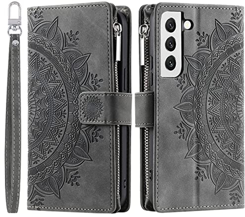 VEEMOS Handyhülle für Samsung Galaxy S22 5G hülle Klappbar Blumen Handytasche Schutzhülle Klapphülle mit Kartenfach Handy Tasche Book Cover Flip Case Ständer - Grau