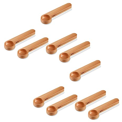 Speesy Cuillère doseuse en bois de 10 pièces, cuillère doseuse avec clip pour sachets 2 en 1 cuillère doseuse pour haricots, café , thé