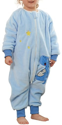 Maeau Baby Schlafsack Flanell mit Füßen Beinen Winter Mädchen Schlafstrampler Langarm Kinder Junge 3 4 Jahre Spielanzug Kleinkind Strampler Dinosaurier Romper Pyjama Jumpsuit Tiere Reißverschluss Blau