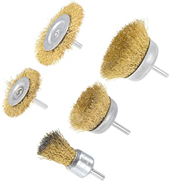 CoCud Kit Cepillos Rueda Alambre Latón Vástago 1/4 Pulgada en Forma T y en Forma Bolígrafo Latón (Aplicaciones: para Óxido Pulido Limpieza Decapado Lijado Herramientas) 5 Uds