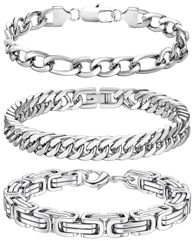 LOCCY Armband Herren, 3 Stück Silber Edelstahl Herrenarmbänder Panzerkette Armband Königskette Armbänder Figaro Armbänder Glieder Link Armkette für Männer Jungs (3 Stück-Silber-6mm, Zentimeter, 21)