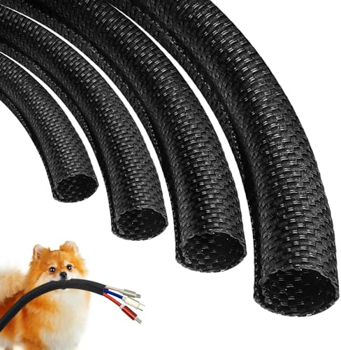 Cable Sleeves Cord Management Automotive-Wire-Loom - Dog Cat Cord Protectors from Pets No Chew Split Braided Heat Resistant Cord Covers, 12ft - 1/2 inch Easily Hide Cords Around TVs - Black