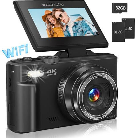 Appareil photo numérique 4K pour photographie, WiFi 64 MP Autofocus Vlogging Camera pour YouTube avec écran rabattable de 3 à 180°, zoom numérique 18x, caméra de voyage compacte Vlog avec carte SD de