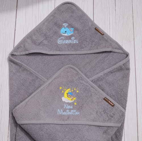 Generisch ★ Personalisiertes Kapuzenhandtuch Baby mit Name – 100% Baumwolle, extra groß 75x75 cm, Bestickt & Geschenkverpackt – Handtuch zur Geburt, Taufe, Babyparty ★ (Grau)