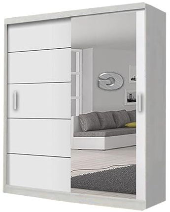 Lyon Mirrored Sliding Door Wardrobe | Modern Bedroom Storage | 2-Door Wardrobe with Hanging Rail & Shelves | Freestanding for Small Spaces (White,120cm)