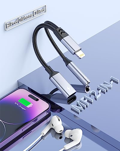iPhone Kopfhörer Adapter und Splitter, [Apple Mfi-Zertifiziert] 2 in 1 Lightning auf 3.5 mm AUX Audio Ladegerät-Splitter Kompatibel mit iPhone 14/13/12/11/SE/XR/XS/8/7/ Pad für alle iOS