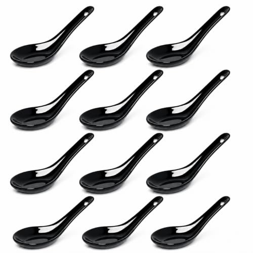 White and black Series ASIATICA | Porzellan-Löffel Set Asien | 13 cm - für Reis, Suppen - zum Servieren von Desserts - Spoon-Set Ramen (12er Set Schwarz)