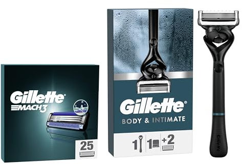 Gillette SET, Gillette Mach3 Rasierklingen für Rasierer, 25 Ersatzklingen + Gillette Intimate Nassrasierer für den Intimbereich, Intimrasierer + 2 Rasierklingen