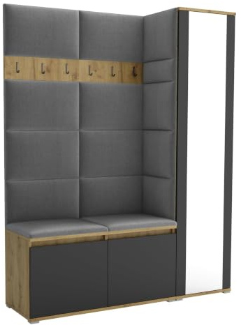 Brent - Garderobenschrank Flur Artisan Eiche Schwarz mit sitzbank 145 cm Breit Luton 7 - Multifunktionale Flurgarderobe Set mit Stauraum und Wandpaneel, Garderobe mit Sitzfläche und Kleiderhaken