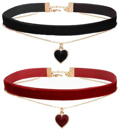GIEEU Lot de 2 colliers ras-de-cou en velours - Ensemble de colliers cœur classique en velours, colliers gothiques noirs et rouges avec chaîne réglable, pendentif cœur pour femmes
