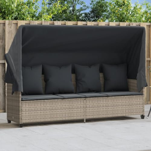IKAYAA Gartensofa mit Liegefunktion Rattan Sofa 3 Sitzer Balkon Sofa Gartenbett Liegesofa Sonnenliege Gartenliege Verstellbar Lounge Sofa Outdoor mit Kissen-Hellgrau-mit Vordach