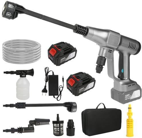 Hidrolimpiadora Bateria 21V Máx 200 Bar - Hidrolimpiadora de Alta Presion con Bateríe de 15000mAh, Pantalla LCD de Potencia y de 3 Velocidades, para Limpiar Coches, Suelos, Plata (con 2 Batería)