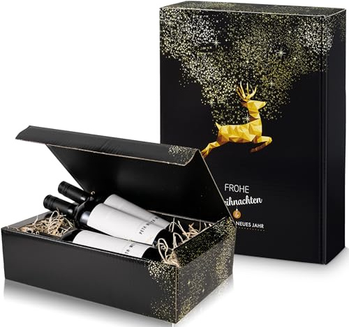 5x Flaschen Geschenkkarton Weihnachten, Goldhirsch - für 3 Flaschen - Wein Verpackung in Schwarz & Gold