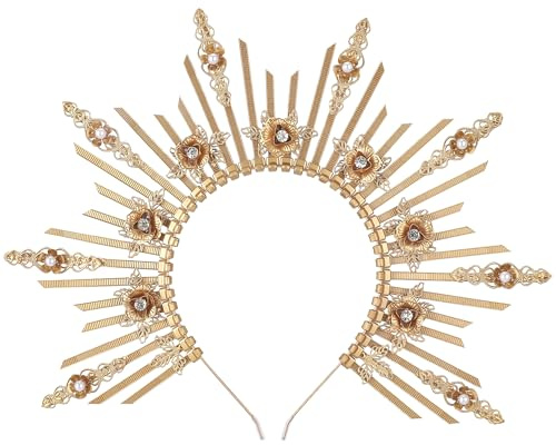 PartyforU Sunburst Goddess Halo Bandeau – Couronne dorée vintage avec fleur pour femme – Accessoires de cosplay Renfaire