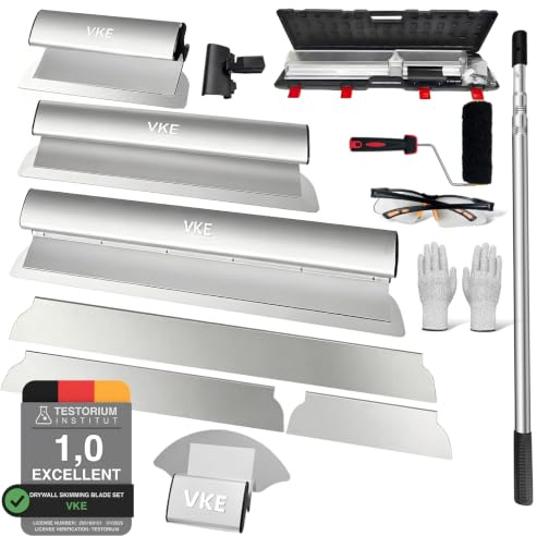 VKE Juego de cuchillas de desnatado para paneles de yeso de 30/50/80 cm, mango de extensión de acero inoxidable de 2,1 m, espátula profesional de yeso para decoración de paredes de grandes áreas de
