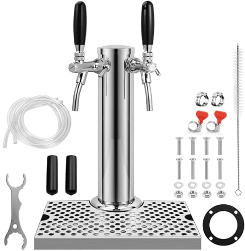 Adjustable Double Tap Kegerator Tower Draft Beer Keg Tower and Beer Drip Tray