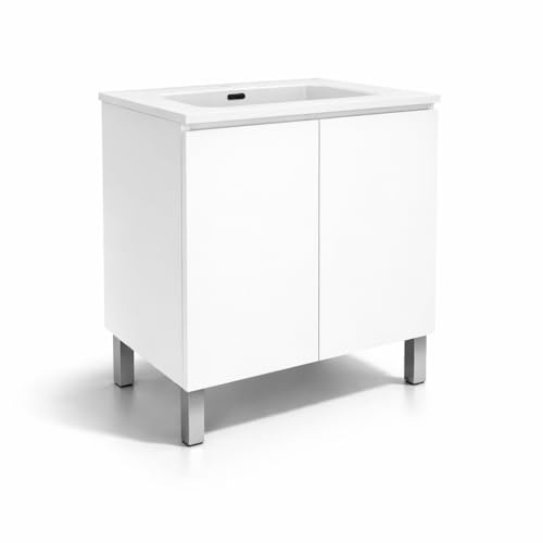 Baikal Mueble de Baño Nook. Mueble MONTADO. 80cm Blanco 2 Puertas. Cierre Amortiguado. Patas Cromadas. Armario de Baño. Incluye Lavabo Ceramico