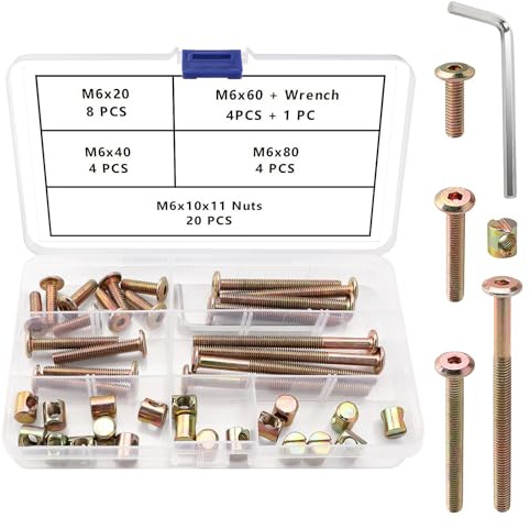 VooGenzek 40 Pezzi M6 x 20/40/60/80 mm Attacco Esagonale Cap Mobili Barile Viti Bulloni Dadi Kit, Bulloni Ricambio Lettino, con Chiave esagonale, per Mobili Letti Culla Sedie Lettino, Giallo