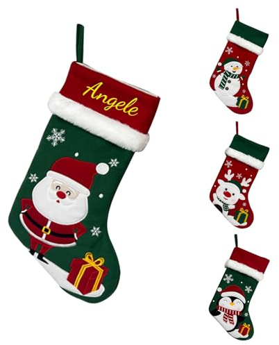 Personalisierte Weihnachtsstrümpfe, Rot-Grün, Traditionelles Design mit Weihnachtsmann und Pinguin, 32x15cm, Baumwolle, Bestickt mit Namen, Festliche Dekoration, 1 Stück