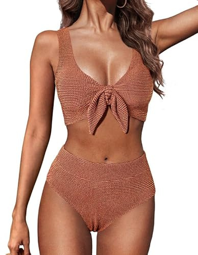 Hanna Nikole Bikini Damen Set,Badeanzug Bauchweg,Push Up Zweiteiler Bademode,Textured High Waist Bikinis,Bescheidene Schwimmanzug,Curvy Strandmode Glitzer Badebekleidung Mit Krawattenknoten