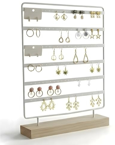 Galeara design Mika Ohrringhalter aus Schwarz und Weiß – 110 Löcher – Schmuckständer für Ohrringe – Schmuckhalter aus Holz – Ohrringhalter in Goldfarbe Ohrringorganizer (Weiß)